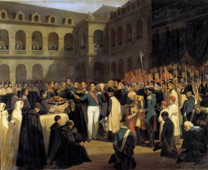 Pogrzeb ofiar ataku Fieschi w dniu 5 sierpnia 1835 r. w obecności króla Ludwika Filipa Atak Giuseppe Fieschiego (konspiratora korsykańskiego) miał miejsce 28 lipca 1835 r. na króla Francji Ludwika Filipa I, Boulevard du Świątynia w Paryżu. P