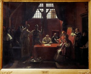 Przesłuchanie Savonaroli (1452-1498) Jerome Savonarola (lub Girolamo Savonarola) (1452-1498) Włoski mnich i predykator jest sędzią za herezję przez papieża Aleksandra VI i władze miasta Florencji przed ekskomuniką i egzekucją. Painti