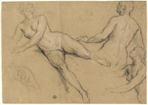 Arkusz studiów: Trzy kobiety i dłoń (recto); Szkice aktów męskich, głów i dłoni (verso) autorstwa Francois Marot