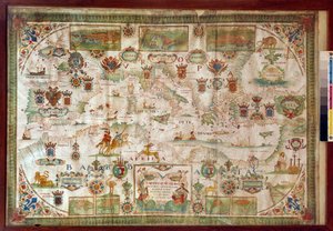 Mapa geograficzna Morza Śródziemnego ukazująca wybrzeża Europy (Francja, Hiszpania, Włochy i Afryka (Tunezja, Algieria, Egipt) Morze pełne jest potworów i karaweli, natomiast na lądzie widoczne są wszelkiego rodzaju zwierzęta i mieszkańcy rejestrować autorstwa Francois Ollive