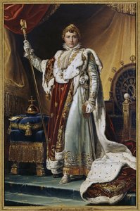 Portret cesarza Napoleona I Bonaparte (1769-1821) w stroju koronacyjnym. (Portret cesarza Napoleona I Bonaparte w szatach koronacyjnych). Obraz Francois Pascal Simon, baron Gerard (1770-1837), olej na płótnie, ok. 1804 r. Sztuka francuska autorstwa Baron François Pascal Simon Gérard