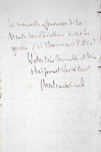List z podpisem pisarza, pisany we Frankfurcie w drodze na nowe stanowisko Chateaubrianda jako ministra pełnomocnego w Berlinie, 7 stycznia 1821 r. (pióro i tusz na papierze) autorstwa Francois Rene Vicomte de Chateaubriand