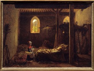 Czerwony Kapturek Ilustracja z bajki Charlesa Perraulta, Czerwony Kapturek przed wilkiem przebranym za babcię. Obraz Francois Richard Fleury (1777-1852) XIX w. Słońce. 0,35x0,47 m . autorstwa Francois Richard Fleury