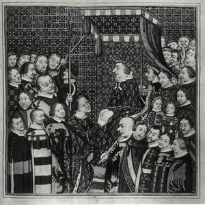 Ludwik II (1337-1410) hrabia Klemens oddający hołd Karolowi V (1338-80) kopia miniatury z XIV wieku (akwarela na papierze) (zdjęcie czarno-białe)