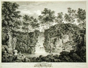Widok kaskady w Bolton Park, Craven, Yorkshire, opublikowany w 1753 r. (rycina) autorstwa Francois Vivarez