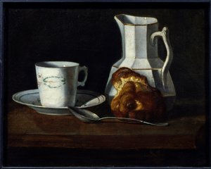 Martwa natura brioche Kubek, dzbanek mleka i brioche. Obraz Francoise Bourin (1817-1887) Roanne z XIX wieku, musee Joseph Dechelette. - Martwa natura, kubek na ciasto, mlecznik i brioche. Obraz Francoise Bourin (1817-1887) autorstwa Francoise Bourin