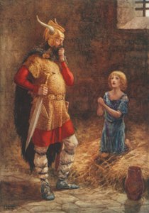 Havelok błaga o miłosierdzie Godarda, ze starej ballady Havelok the Duńczyk (kolor lito) autorstwa Frank Adams