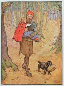 Drwal niesie do domu Czerwonego Kapturka, ilustracja z „Pięknej księgi rymowanek, opowiadań i obrazów” Franka Adamsa, wydanej przez Blackie und Son