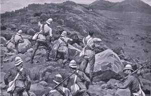 Pogoń za tylną strażą De Weta w Takesbergu z książki After Pretoria: The Guerilla War wydanej przez Harmsworth Bros Limited autorstwa Frank Dadd