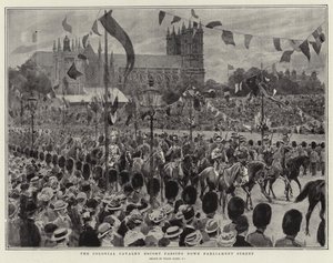Eskorta kawalerii kolonialnej przejeżdżająca przez Parliament Street autorstwa Frank Dadd
