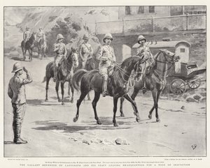 Waleczny obrońca Ladysmith i jego sztab opuszczają kwaterę główną, by udać się na inspekcję.