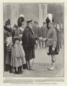 Król rozdający medale wojenne góralom z Argyll i Sutherland w Balmoral autorstwa Frank Dadd