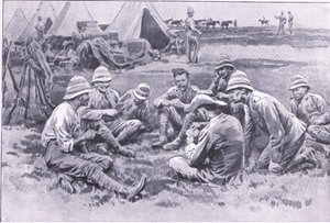 Zmęczeni żołnierze odpoczywający, z After Pretoria: The Guerilla War wydanego przez Harmsworth Bros Limited, 1901 autorstwa Frank Dadd