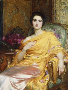 Portret Elsy, córki Williama Halla, długości trzech czwartych, siedzącej w różowej sukience i żółtej chuście, 1927
