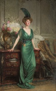 Portret Hon. Pani Ernest Guinness, Stojąca, ubrana w szmaragdową sukienkę i pióra, 1912 autorstwa Frank Dicksee