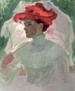 Kobieta w czerwonym kapeluszu i parasolu autorstwa Frank Duveneck