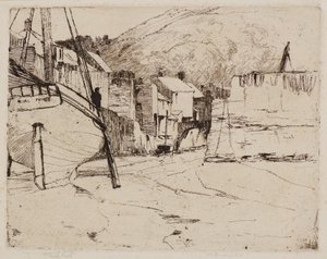 Port Polperro z mostem (akwaforta) autorstwa Frank and Goulding Frederick Short