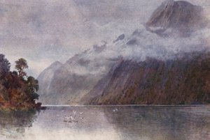 Nowa Zelandia: W Milford Sound (kolorowa litografia) autorstwa Frank H Wright