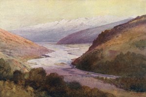 Nowa Zelandia: Dolina Rees i pasmo Richardson (kolorowa litografia) autorstwa Frank H Wright
