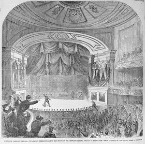 Zabójstwo Abrahama Lincolna (1809-1865) w loży w teatrze Forda, 14 kwietnia 1865, z „Ilustrowanej gazety Franka Lesliego”, 20 maja 1865