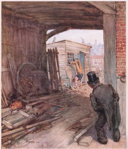 Gdy dotarł do celu, pierwszym obiektem, który rzucił mu się w oczy, była para bardzo niedoskonale obutych stóp w powietrzu, ok. 1920 r. (kolorowa litografia) autorstwa Frank Reynolds