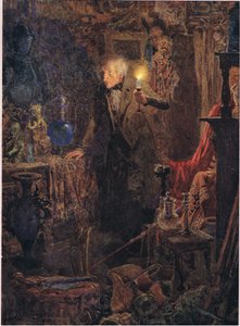 Był to mały staruszek z długimi siwymi włosami, którego twarz i sylwetka, gdy trzymał światło nad głową i patrzył przed siebie, ok. 1920 r. (litografia kolorowa) autorstwa Frank Reynolds