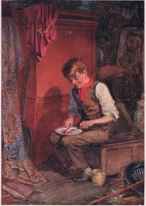 Kit zaniósł dużą kromkę chleba i mięsa do kąta i z wielką żarłocznością zabrał się do jej utylizacji, ok. 1920 r. (kolorowa litografia) autorstwa Frank Reynolds