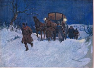 Blisko końca podróży, ok. 1920 r. (kolorowa litografia) autorstwa Frank Reynolds