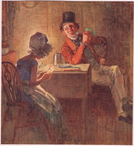 Marszandka trzymająca karty mocno w obu dłoniach, zastanawiająca się, którą zagrać, ok. 1920 r. (kolorowa litografia) autorstwa Frank Reynolds