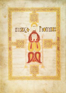 Lat 9389 f.18v Symbol Mateusza, „Imago Hominus, Lindisfarne, z Ewangeliarzu Echternach, c.700