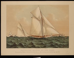 Mayflower zasalutowany przez flotę. Przejście przez dziób Galatei w jej pierwszym wyścigu o Puchar Ameryki... Zatoka Nowojorska, 7 września 1886 r. [Wygrany przez Mayflower] autorstwa Franklyn (after) Bassford