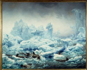 Widok na lodowaty ocean, łowienie morsów przez Grenlandczyków Obraz Francois Auguste Biard (1799-1882) 1841 Nd. 1,3x1,63 m Dieppe, musee du chateau - Łowienie morsa na Oceanie Arktycznym. Widok na Morze Polarne, Grenlandczycy polujący na morsa. Malowanie p