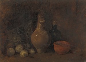 Martwa natura z czterema owocami, szkłem i ceramiką autorstwa François Bonvin