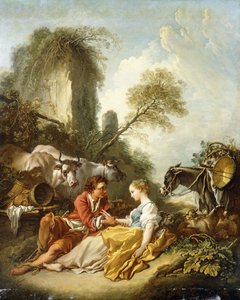 Pejzaż pasterski z pasterzem i pasterzem siedzącym przy ruinach, autorstwa François Boucher