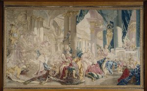 Manufacture de Beauvais - Psyche prowadzona przez Zefira do pałacu miłości i Psyche pokazująca swoje bogactwo siostrom, po 1741 r. autorstwa François Boucher