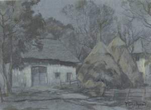 Stogi siana w wiejskim domu przy świetle księżyca autorstwa François Cachoud