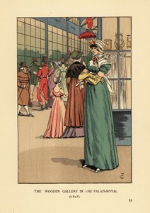 Modna kobieta robi zakupy w Drewnianej Galerii w Palais Royal w Paryżu autorstwa François Courboin