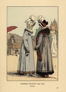 Modne kobiety w piórkowych czapkach, koronkowych kołnierzykach i futrzanych sukienkach. Przekraczanie Pont des Arts, Paryż autorstwa François Courboin