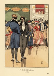 Faps w płaszczu z połami, kamizelce, obcisłych spodniach i białych pończochach. Za nimi ludzie w fantazyjnych strojach i maskach. Na balu w operze 1835. Litografia kolorowa autorstwa R.V. po ilustracji Francois Courboin z Octave Uzanne’s Fashion w Paryżu, 