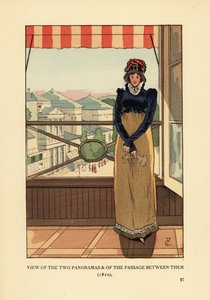 Kobieta przy oknie z widokiem na Panoramy i Passage des Panoramas, na Boulevard Montmartre, Paryż autorstwa François Courboin