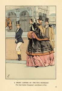 Kobieta w futrzanej pelerynie i mufce na szerokiej krynolinie, z inną kobietą w stroju jeździeckim. Elegancki zakątek rue de Richelieu, magazyn Kompanii Wschodnioindyjskiej, Paryż autorstwa François Courboin
