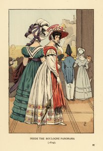 Kobiety oglądające duży pejzaż miejski wewnątrz Panoramy Bulońskiej, Boulevard Montmartre, Paryż autorstwa François Courboin
