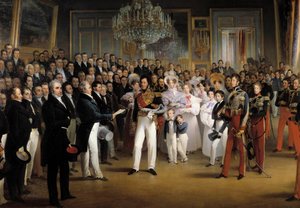 Rewolucja 1830 r.: „Izba Deputowanych przedstawia księciu Orleanu Ludwikowi Filipowi I (1773-1850) akt powołujący go na tron i Kartę z 1830 r. w Pałacu Królewskim w dniu 7.08. 1830”” Szczegół. Obraz Francois Joseph Heim (1787-18 autorstwa François Joseph Heim