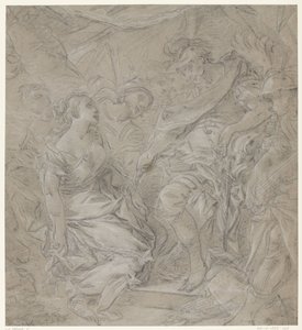 Młoda kobieta klęczy przed generałem w jego namiocie (Scypion?) autorstwa François Le Moine (manner of)