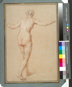 Stojąca naga kobieta widziana od tyłu, ok. 1722 r. (czerwona, czarno-biała kreda na papierze) autorstwa François Lemoyne