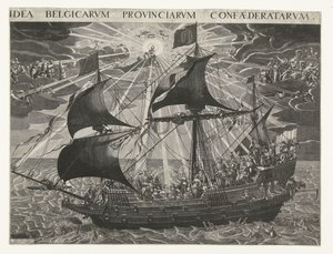Statek państwa, 1620 Alegoria szczęśliwego stanu kraju po synodzie w Dordrecht Idea Belgicarum Provinciarum Confaederatarum (tytuł na obiekcie) autorstwa François Schillemans