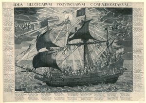 Statek państwa, 1620 Alegoria szczęśliwego stanu kraju po synodzie w Dordrecht Idea Belgicarum Provinciarum Confaederatarum (tytuł na obiekcie) autorstwa François Schillemans