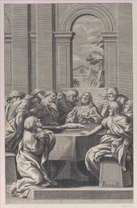 Ostatnia Wieczerza, wnętrze klasycystycznej budowli z siedzibą Chrystusa i jego apostołów..., 1660-81.