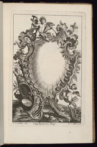 Nabój z trąbkami trzymającymi Putto, Księga nieregularnych nabojów autorstwa François de Cuvilliés the Elder