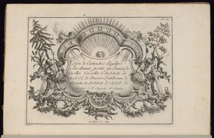 Kartusz ze słońcem i czterema wiatrami, Livre de Cartouches Reguliers (Księga kartuszów regularnych) autorstwa François de Cuvilliés the Elder